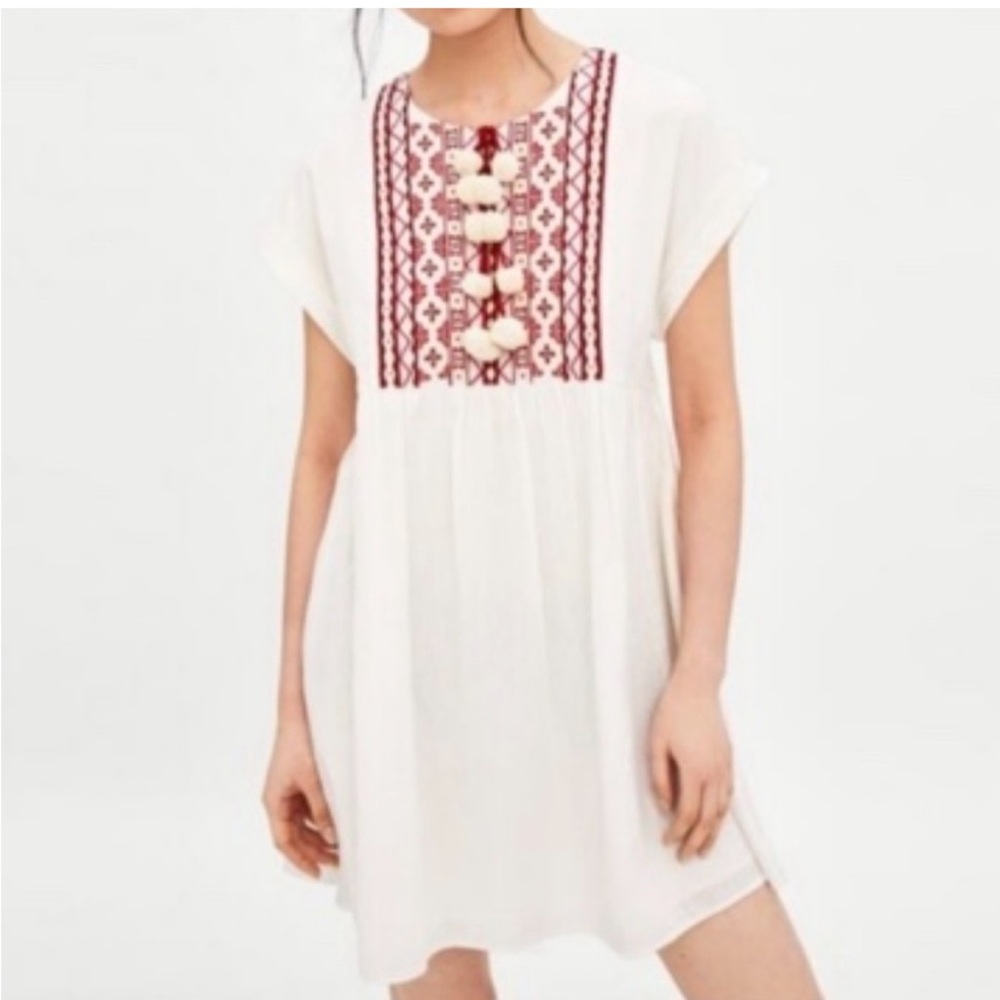 Zara TRF Collection White Dress with Red Embroidery & PomPoms